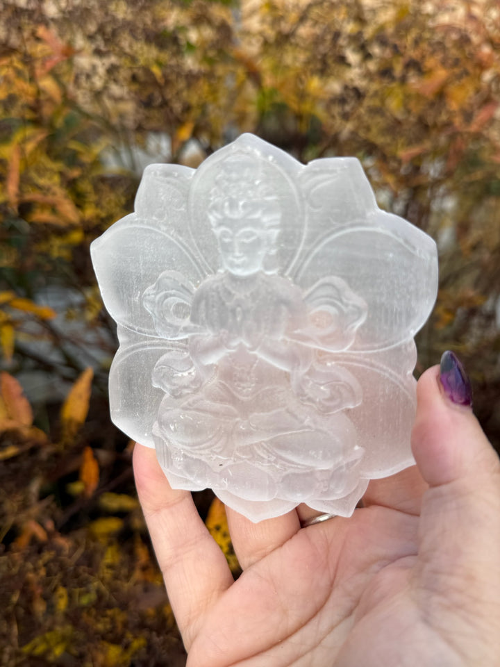 Selenite Kwan Yin on Lotus Carving