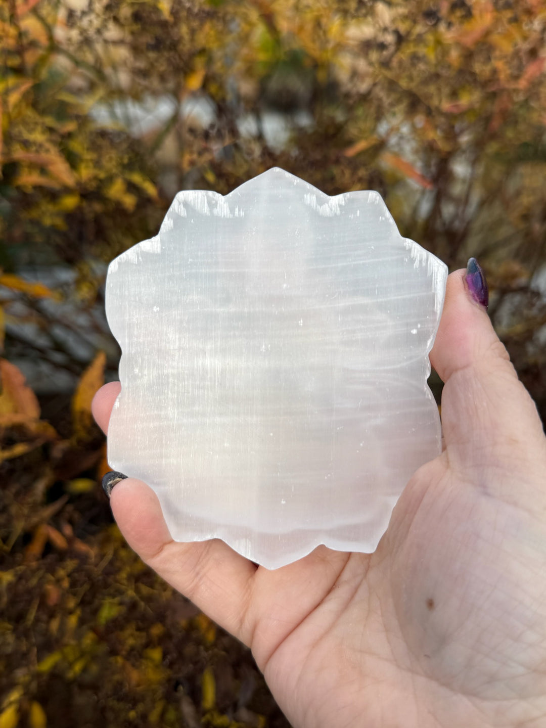 Selenite Kwan Yin on Lotus Carving