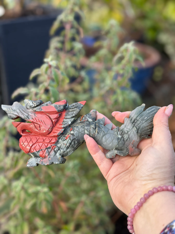African Bloodstone Chinese Dragon Carving