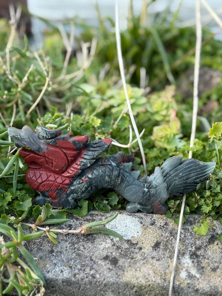 African Bloodstone Chinese Dragon Carving