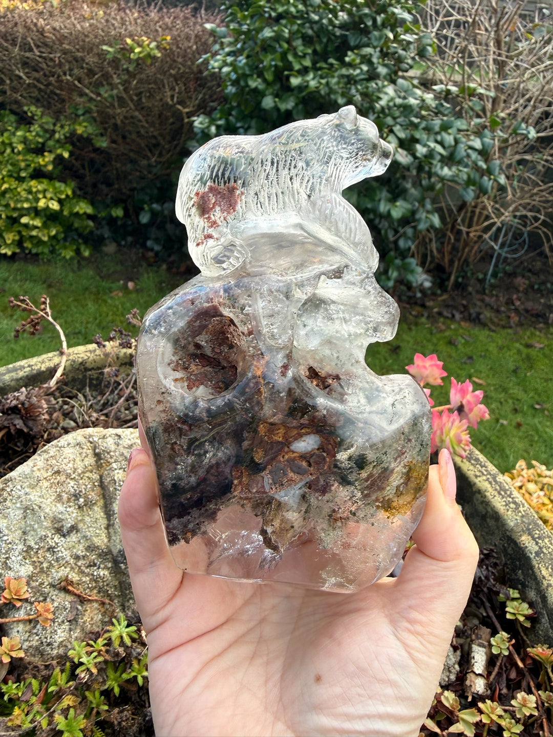 High Quality Lodolite Garden Quartz Bear Carving