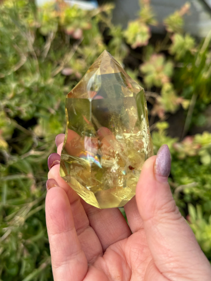 Citrine Faceted Point Carving with Rainbows