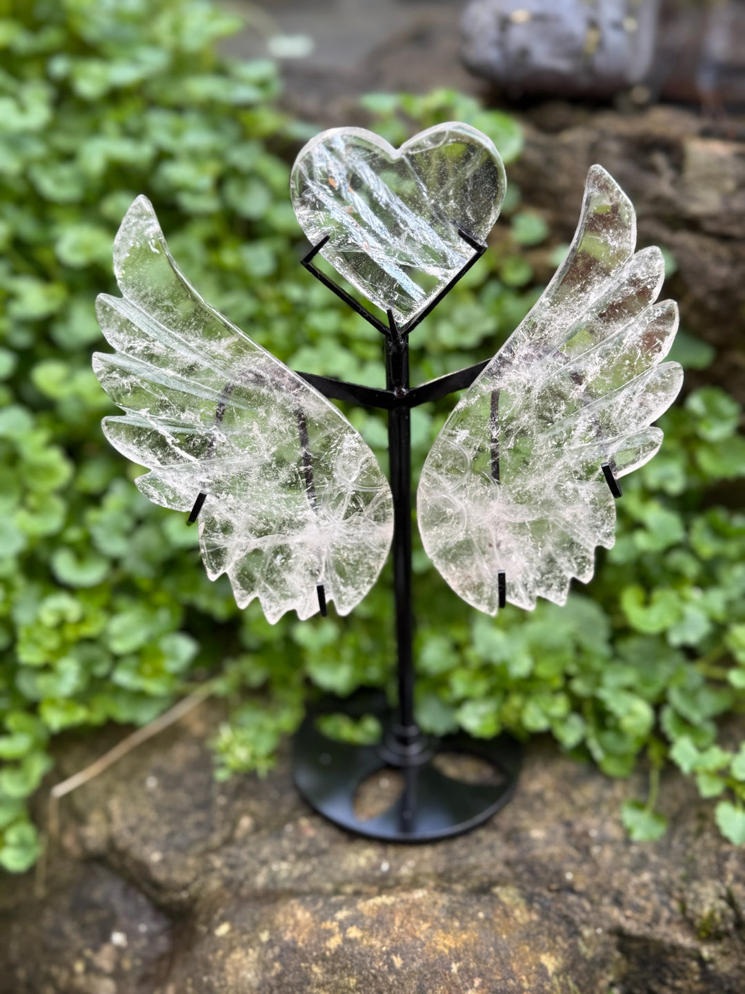 Quartz Angel Wings and Heart Carving on Stand