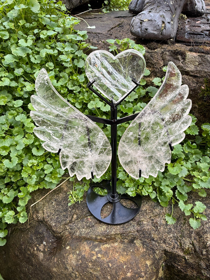Quartz Angel Wings and Heart Carving on Stand