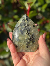 Load image into Gallery viewer, Prehnite and Epidote Flame Carving
