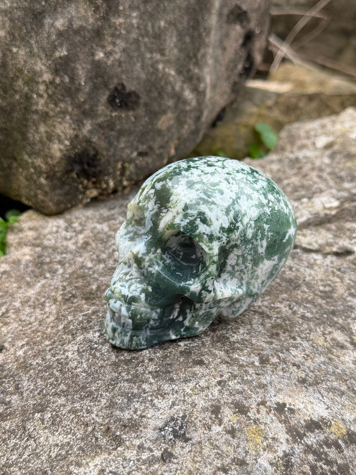 Moss Agate Skull Carving