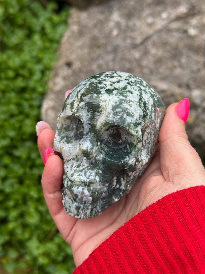 Moss Agate Skull Carving
