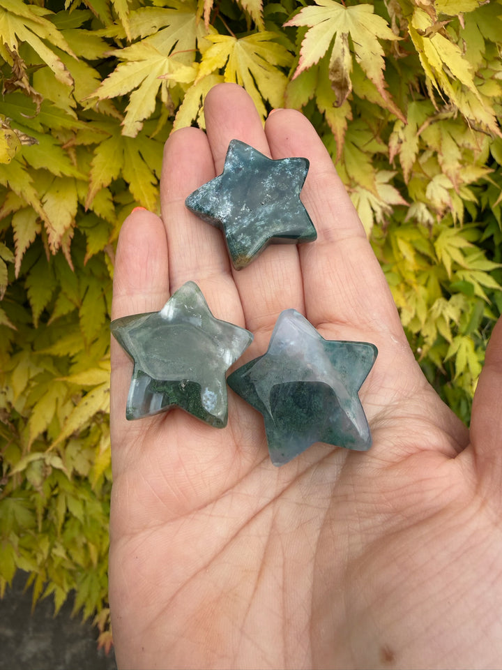 Set of 3 Moss Agate Star Carvings