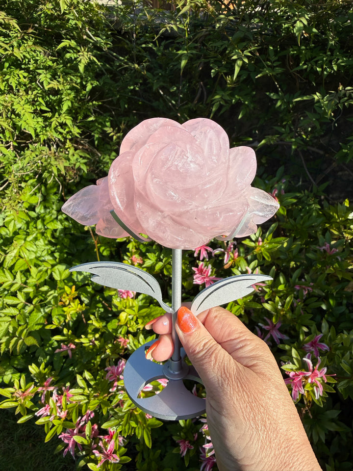 Rose Quartz Flower Carving on a Custom Stand