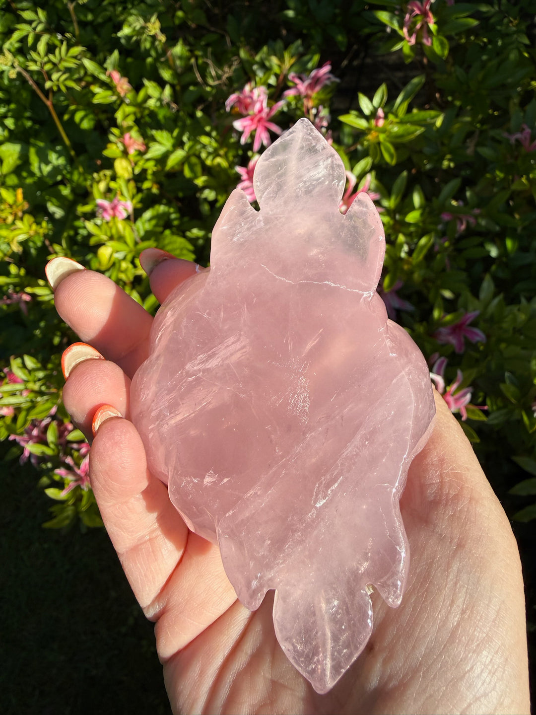 Rose Quartz Flower Carving on a Custom Stand