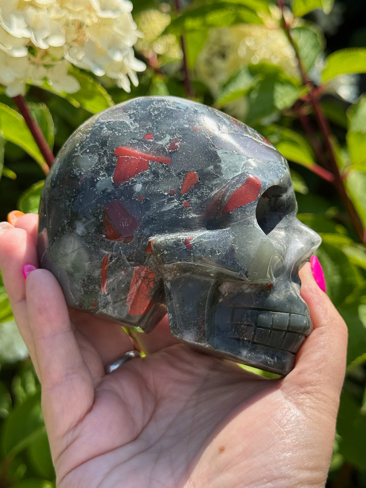 Large African Bloodstone Seftonite Skull Carving