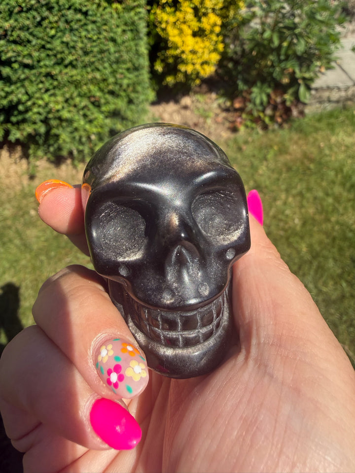 Silver Sheen Obsidian Skull Carving