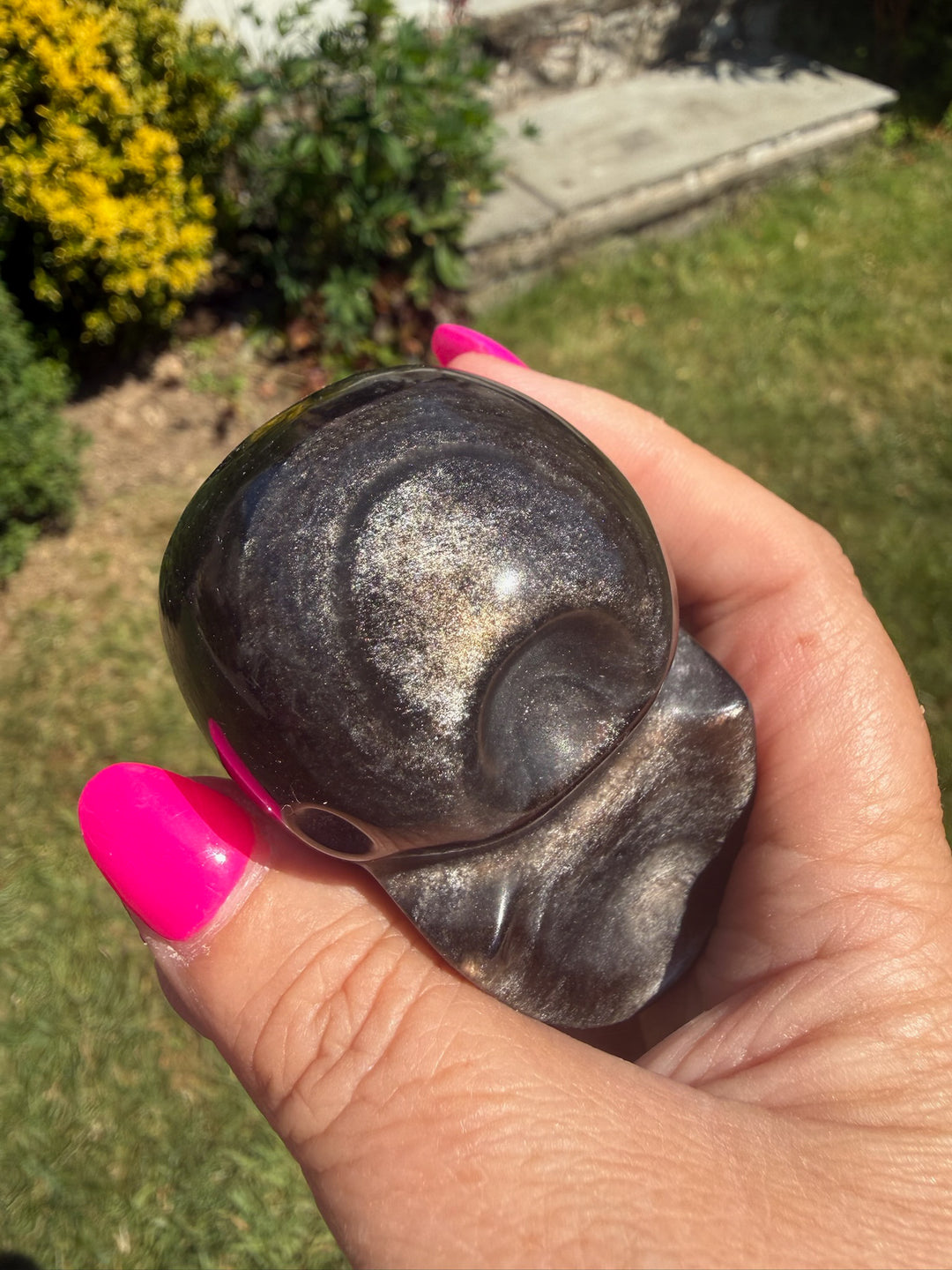 Silver Sheen Obsidian Skull Carving