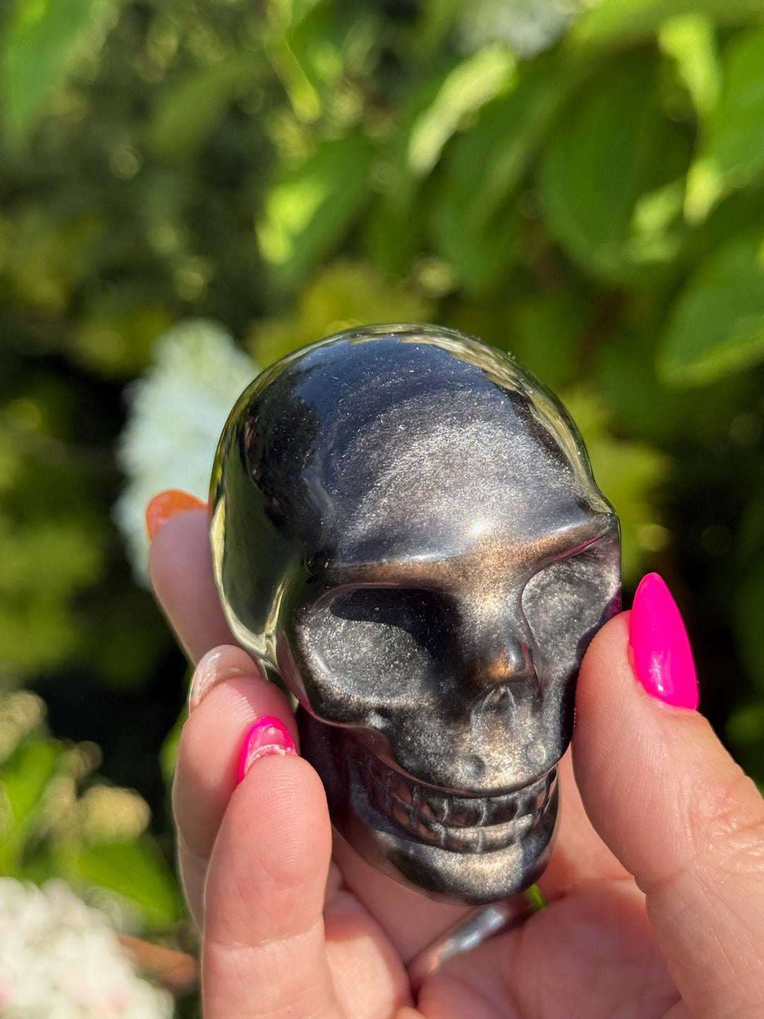 Silver Sheen Obsidian Skull Carving