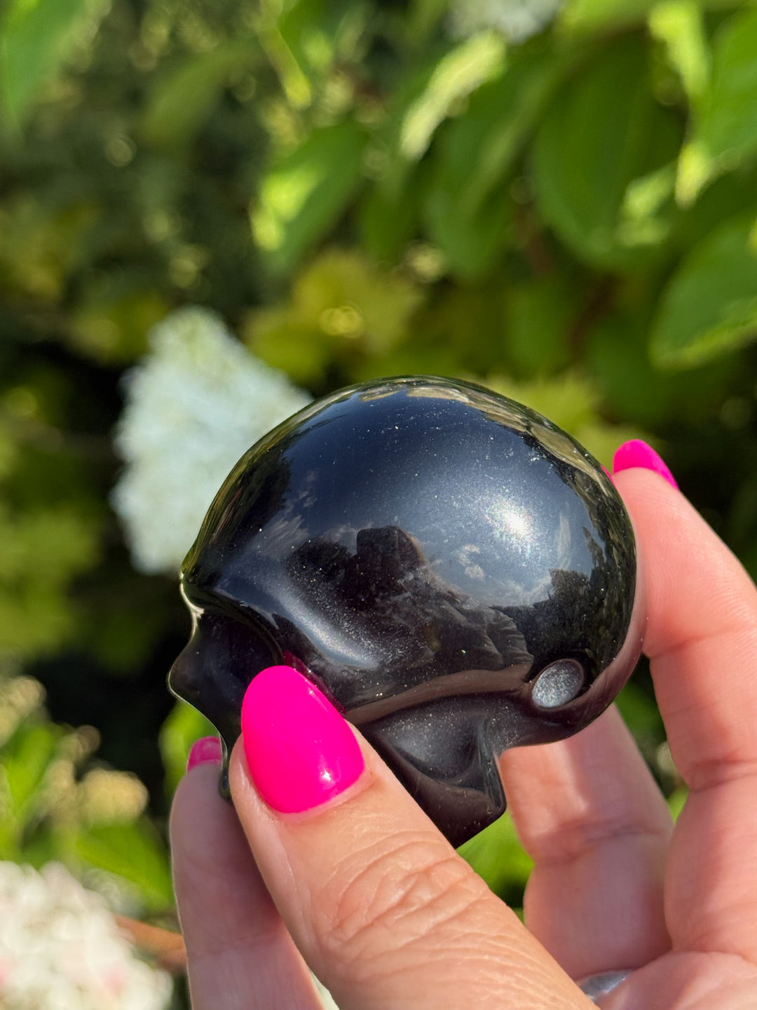 Silver Sheen Obsidian Skull Carving