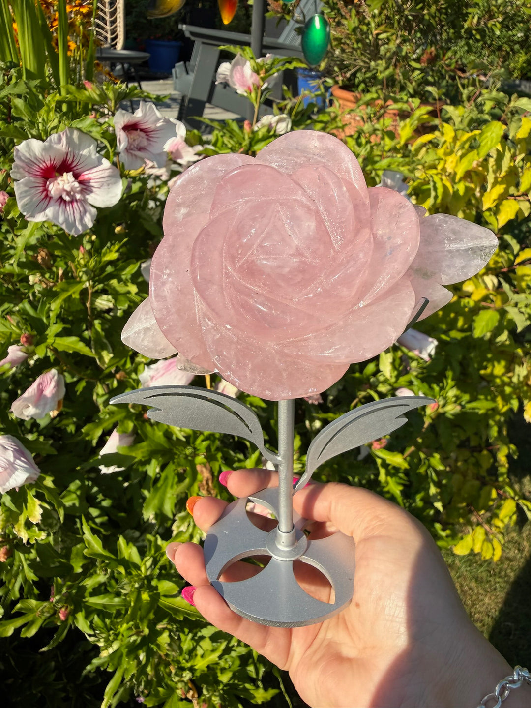 Rose Quartz Flower Carving on a Custom Stand
