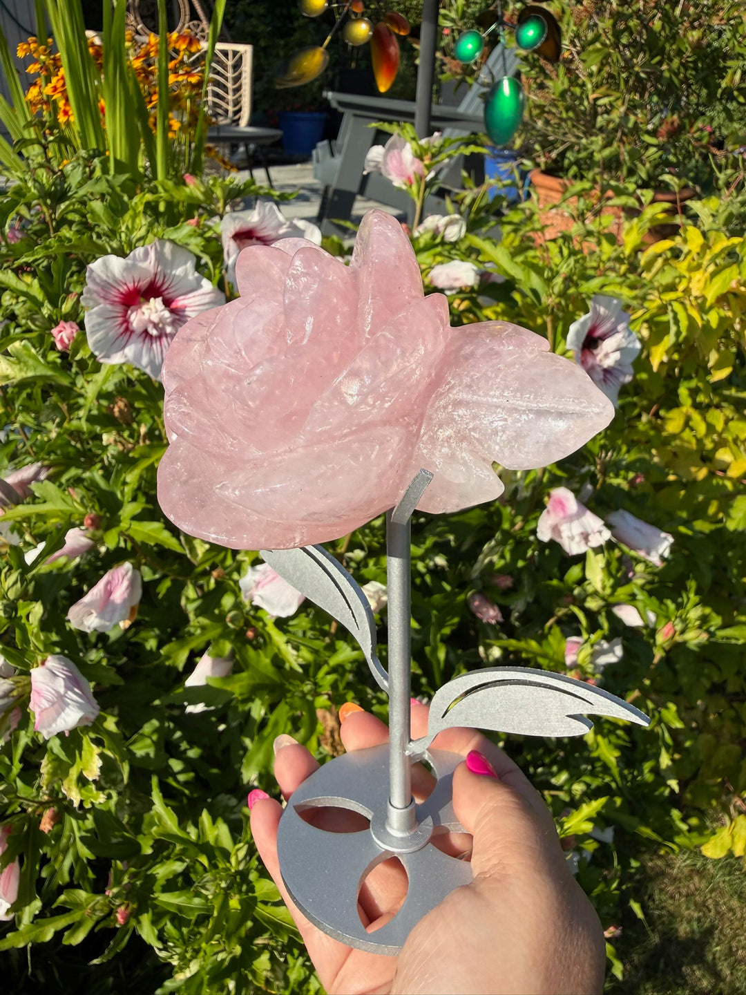Rose Quartz Flower Carving on a Custom Stand