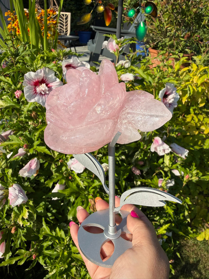 Rose Quartz Flower Carving on a Custom Stand