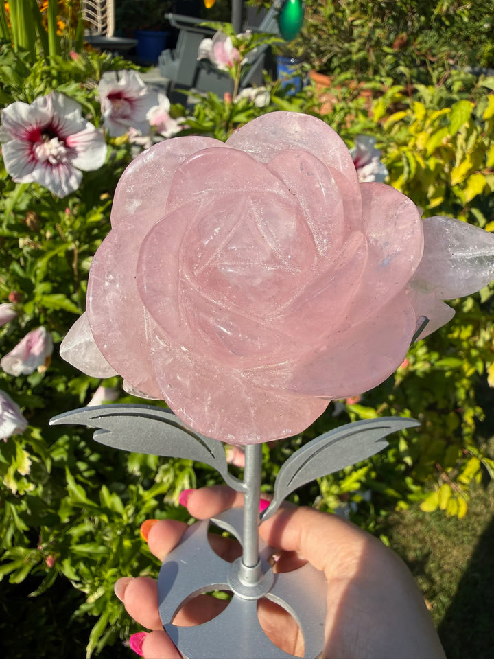 Rose Quartz Flower Carving on a Custom Stand