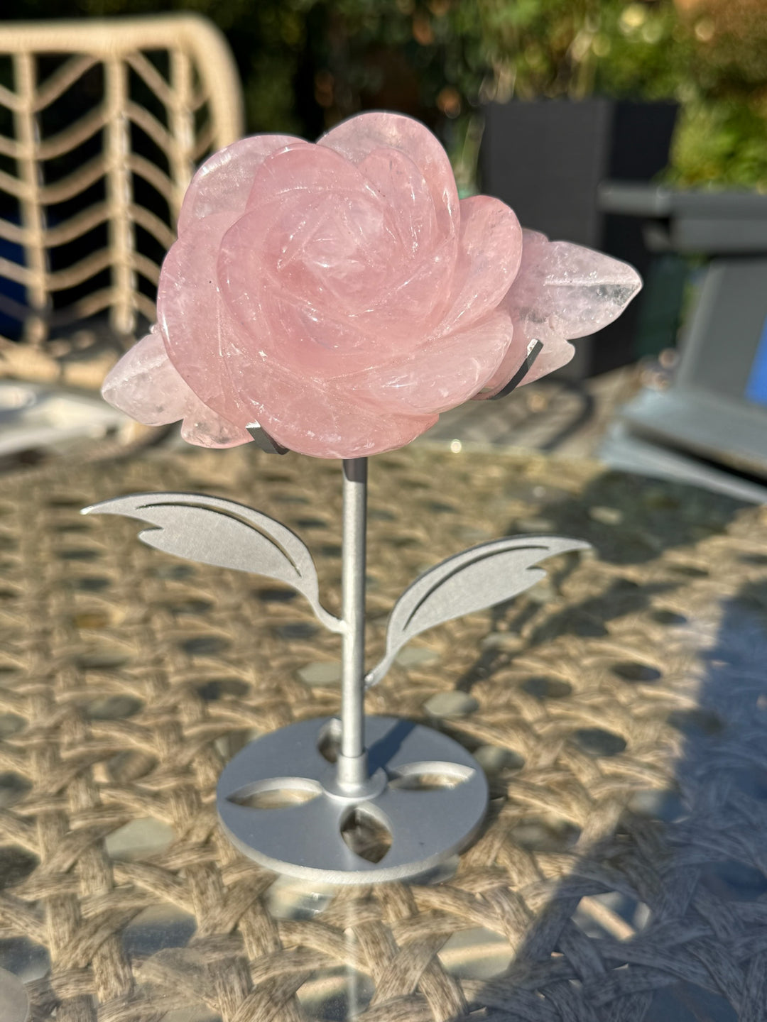 Rose Quartz Flower Carving on a Custom Stand
