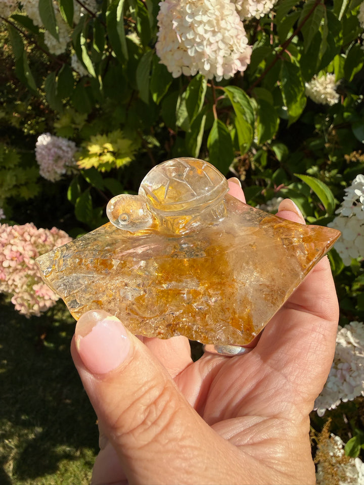 Quality Quartz Turtle Carving with Golden Healer