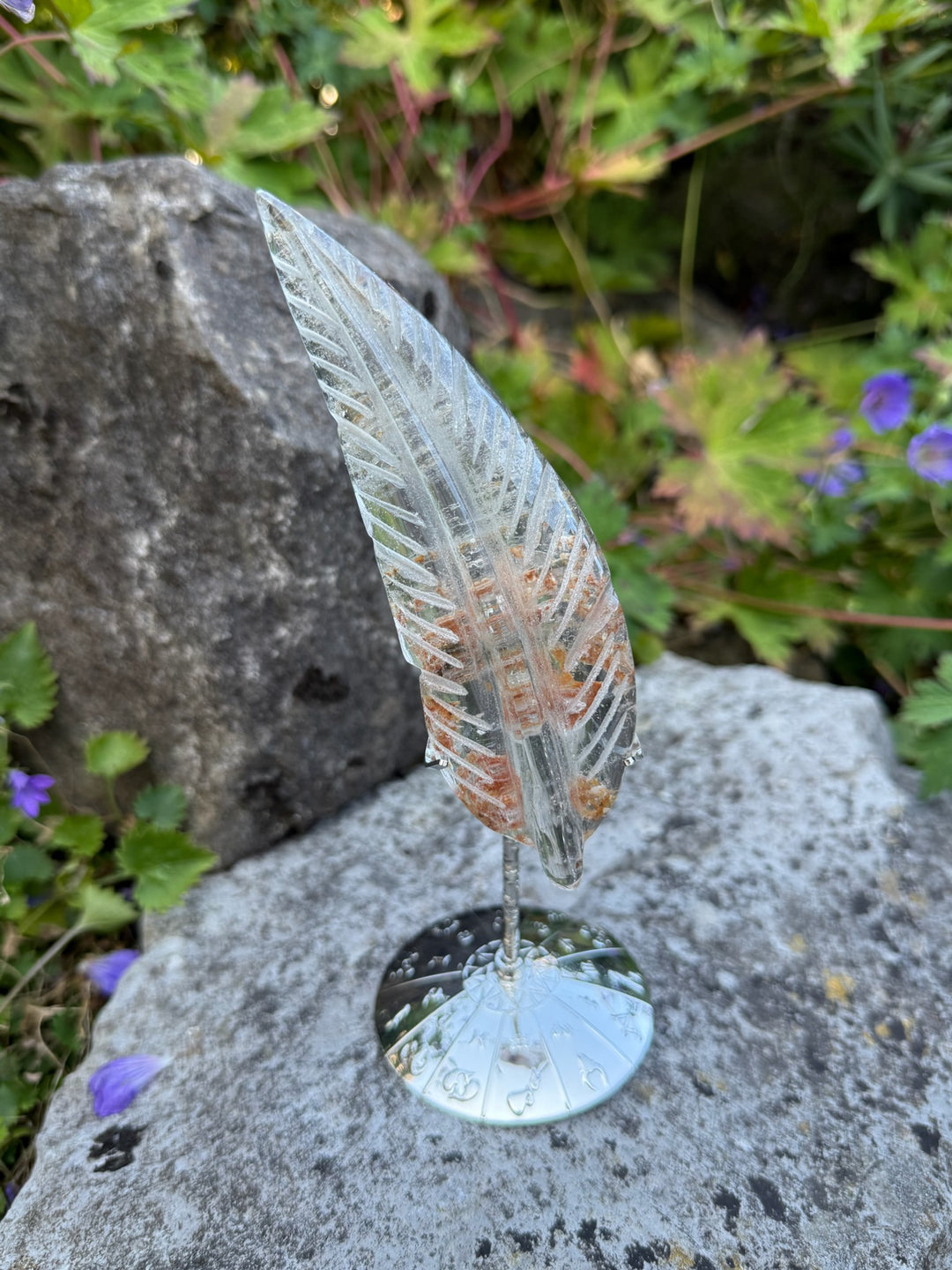 Handcarved Garden Quartz Feather Carving with Stand