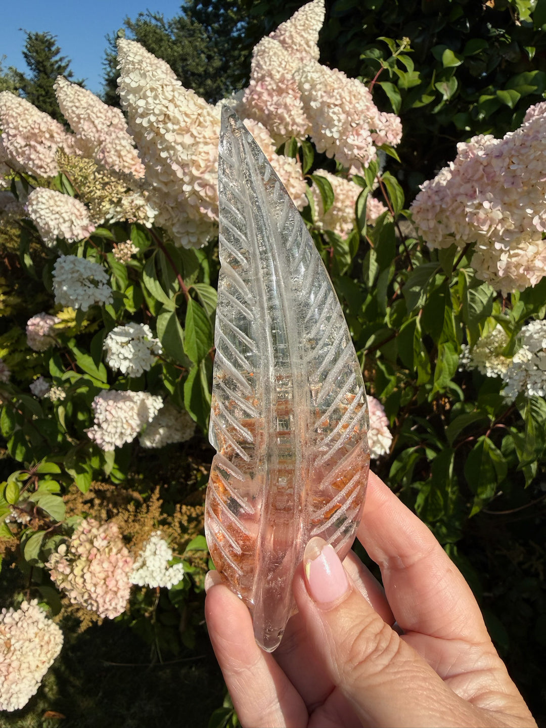 Handcarved Garden Quartz Feather Carving with Stand