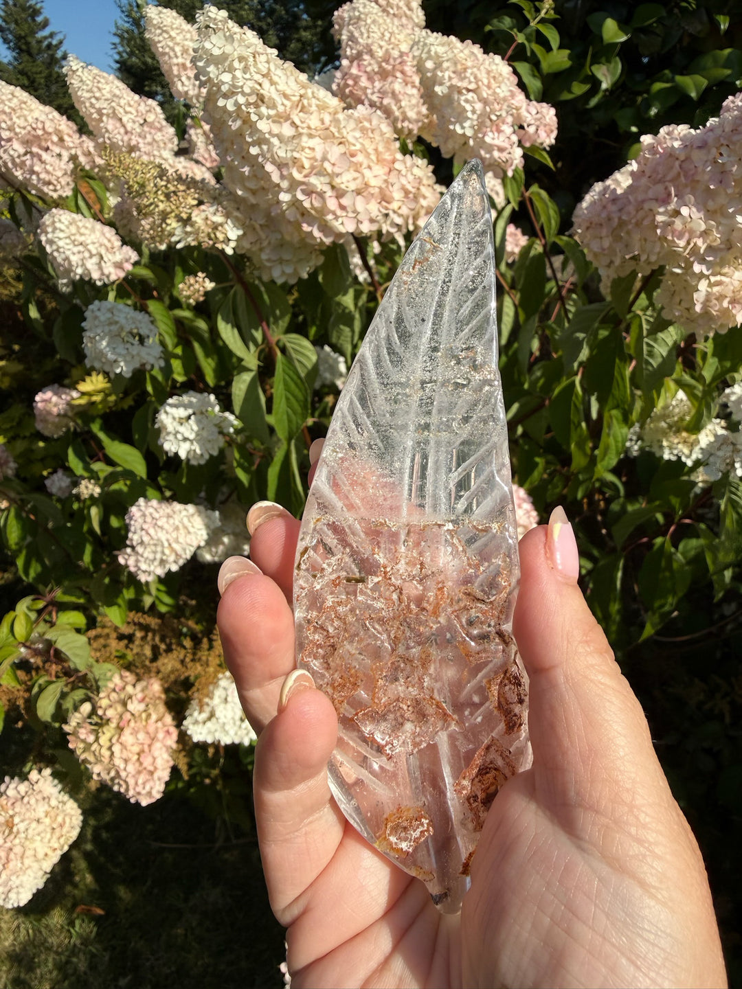 Handcarved Garden Quartz Feather Carving with Stand