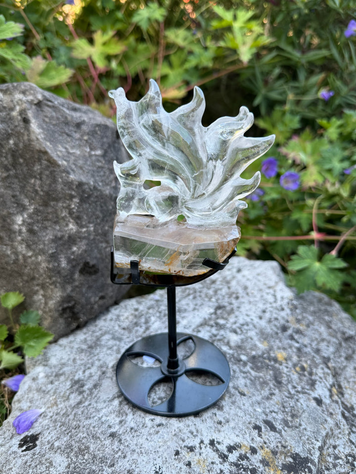 Hand Carved Garden Quartz Nine Tail Fox Carving with Custom Stand