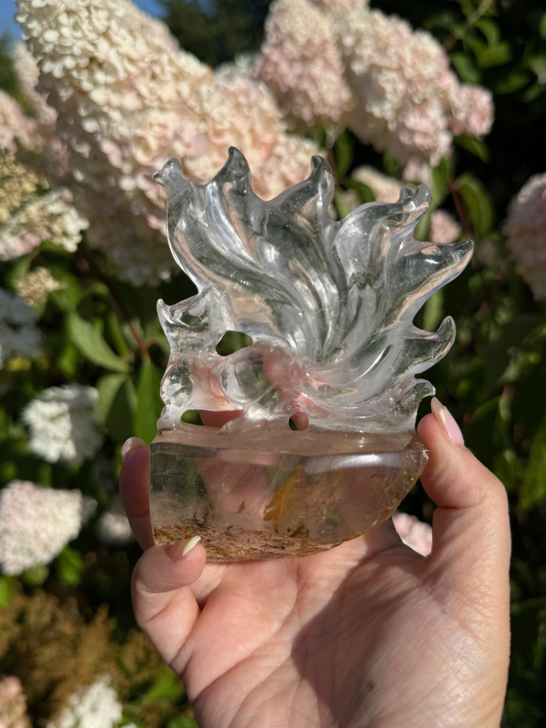 Hand Carved Garden Quartz Nine Tail Fox Carving with Custom Stand