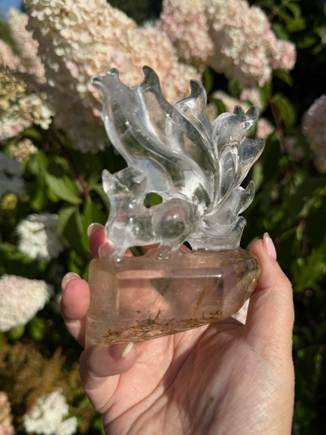 Hand Carved Garden Quartz Nine Tail Fox Carving with Custom Stand