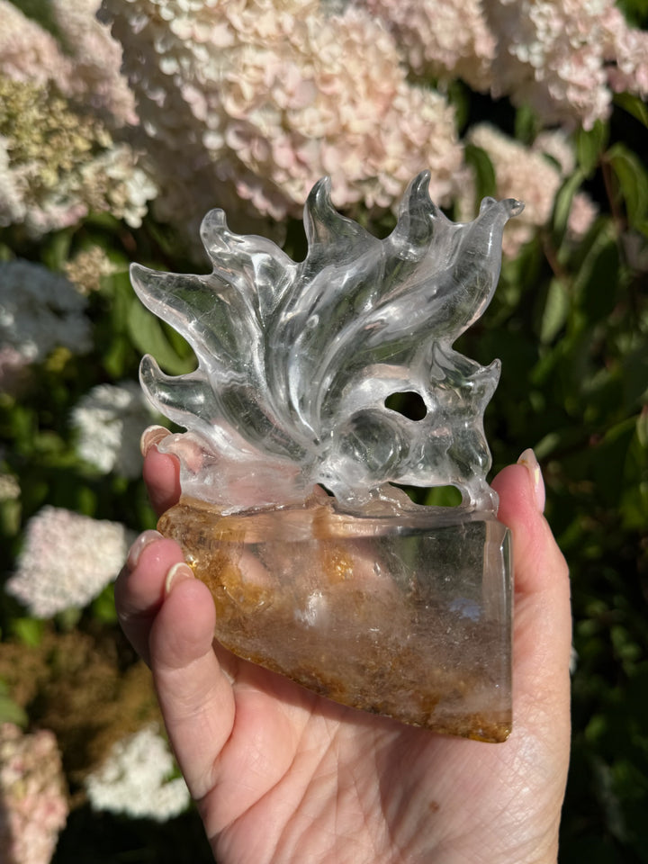 Hand Carved Garden Quartz Nine Tail Fox Carving with Custom Stand