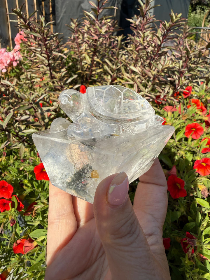 Hand Carved Garden Quartz Turtle with Rainbows