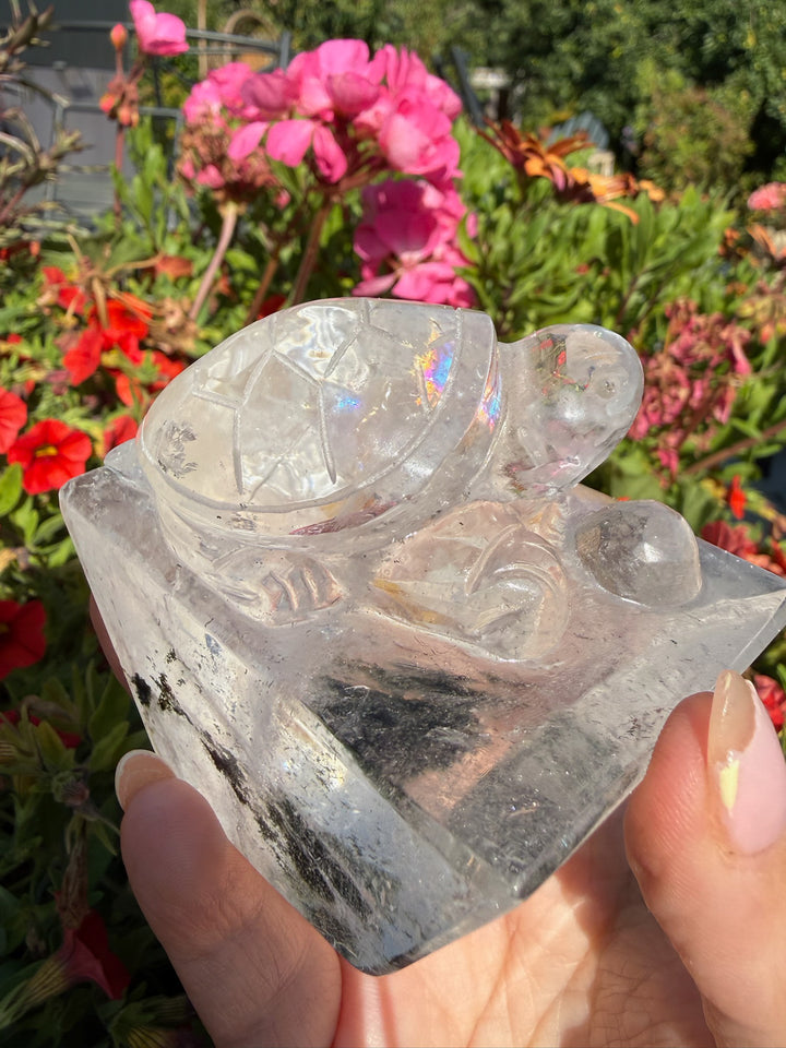 Hand Carved Garden Quartz Turtle with Rainbows