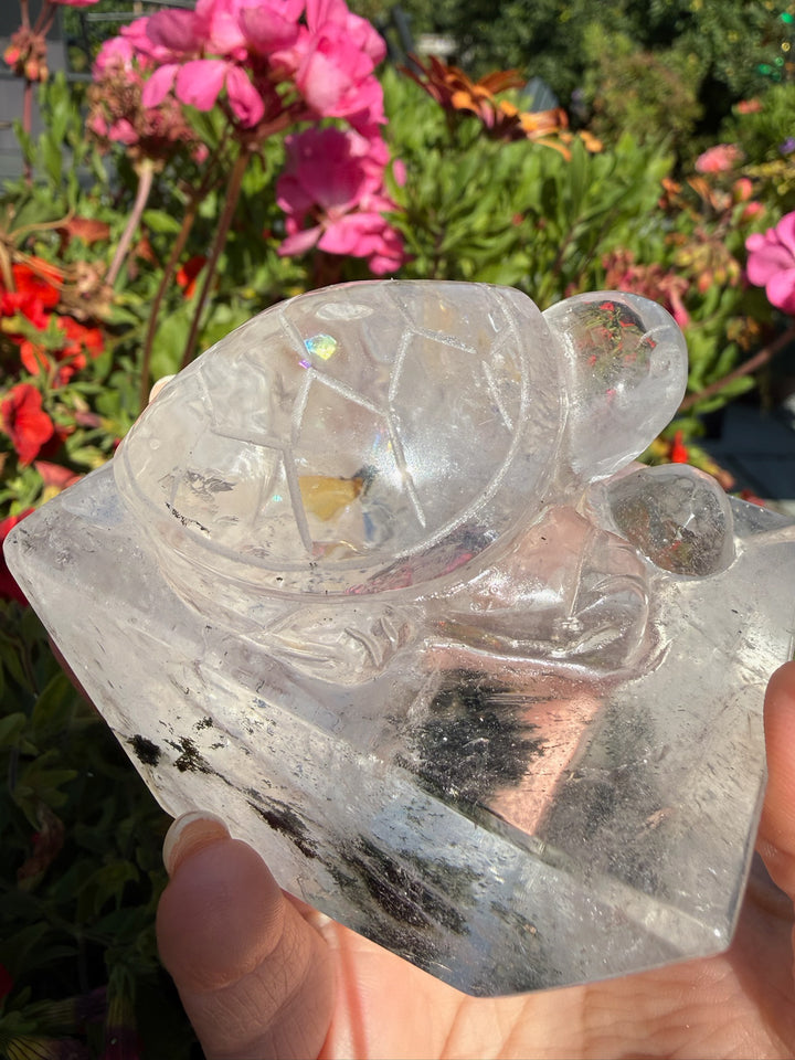 Hand Carved Garden Quartz Turtle with Rainbows