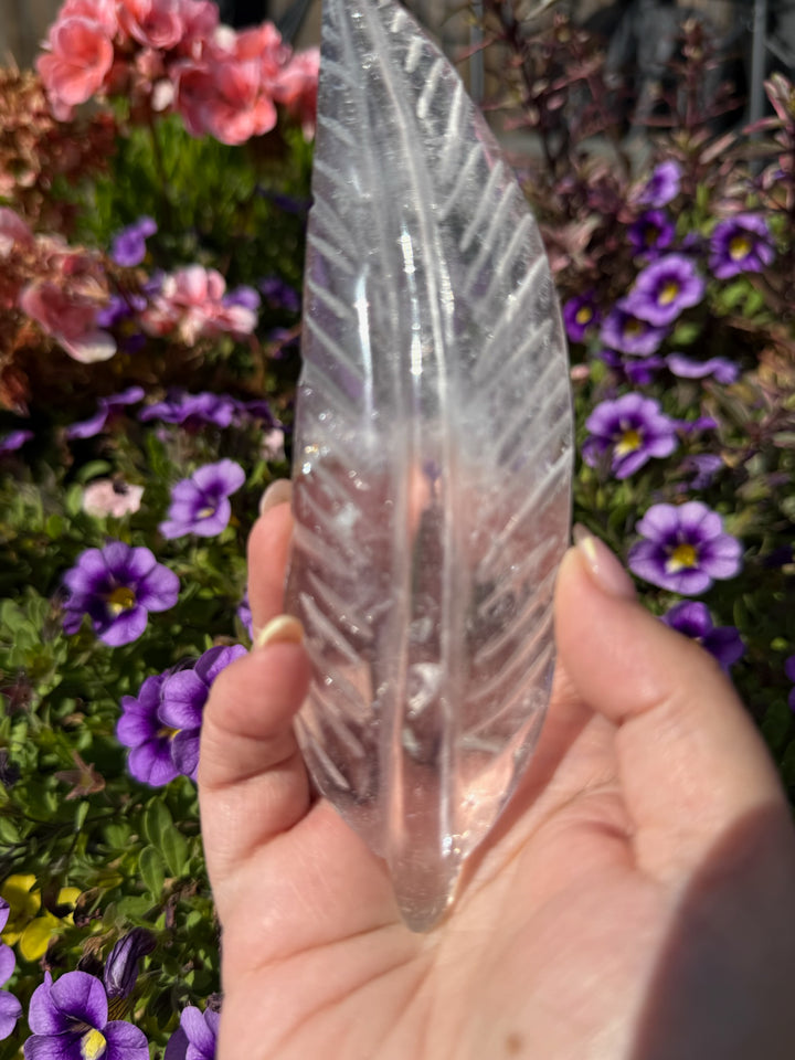 Hand Carved Leaf or Feather Quartz Carving with Stand