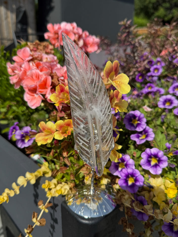 Hand Carved Leaf or Feather Quartz Carving with Stand