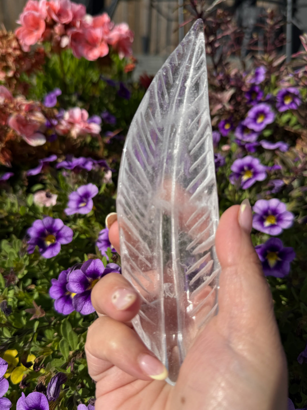 Hand Carved Leaf or Feather Quartz Carving with Stand