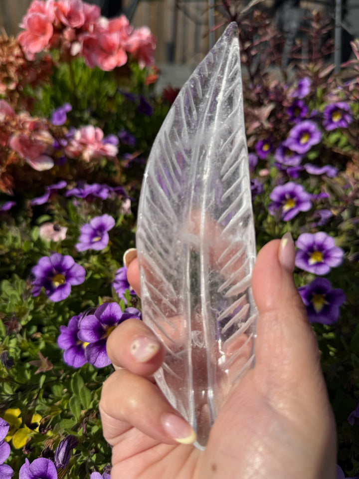 Hand Carved Leaf or Feather Quartz Carving with Stand