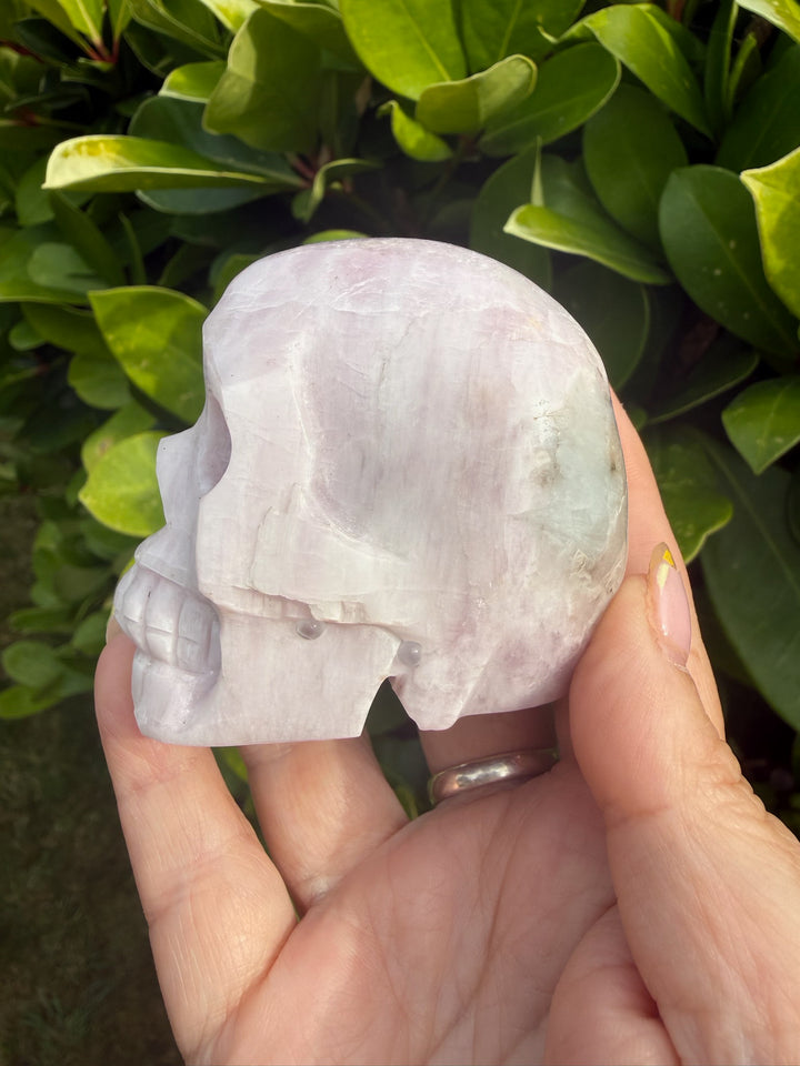 Uv Reactive Kunzite and Hiddenite Skull Carving