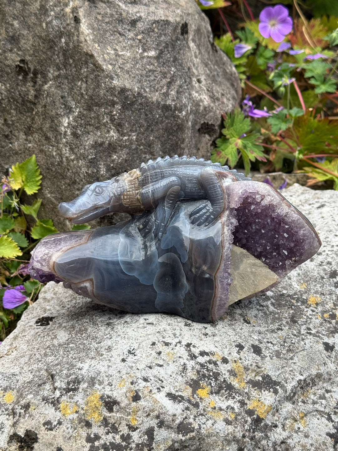 Statement Hand Carved Amethyst and Agate Crocodile