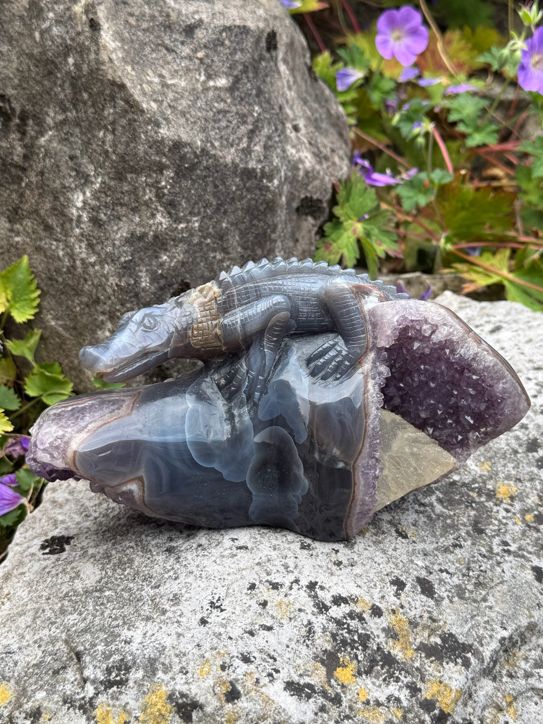 Statement Hand Carved Amethyst and Agate Crocodile