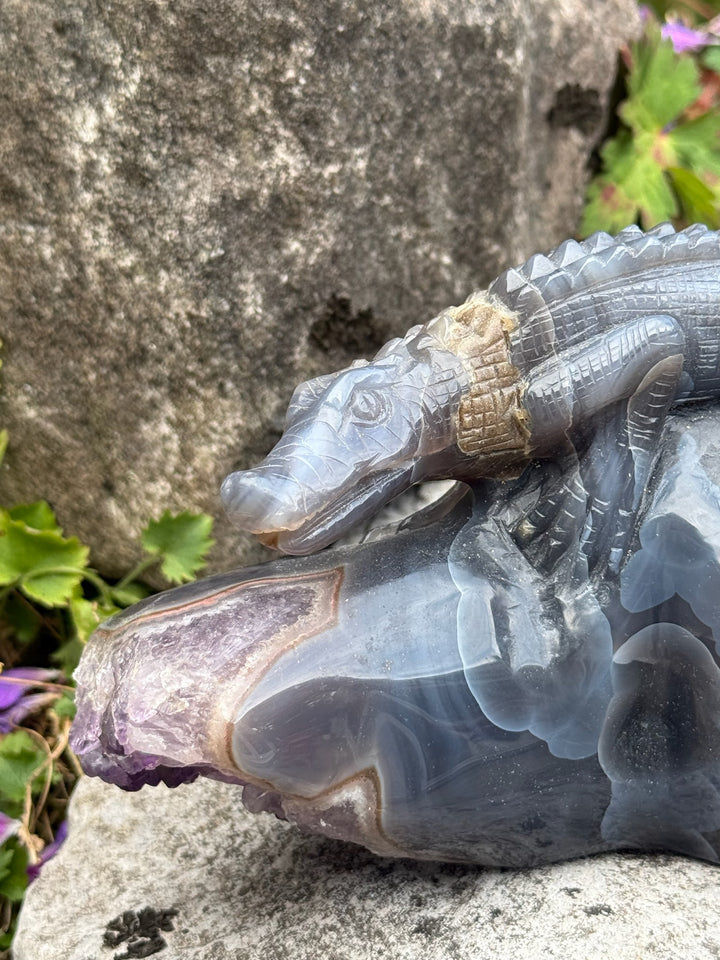 Statement Hand Carved Amethyst and Agate Crocodile