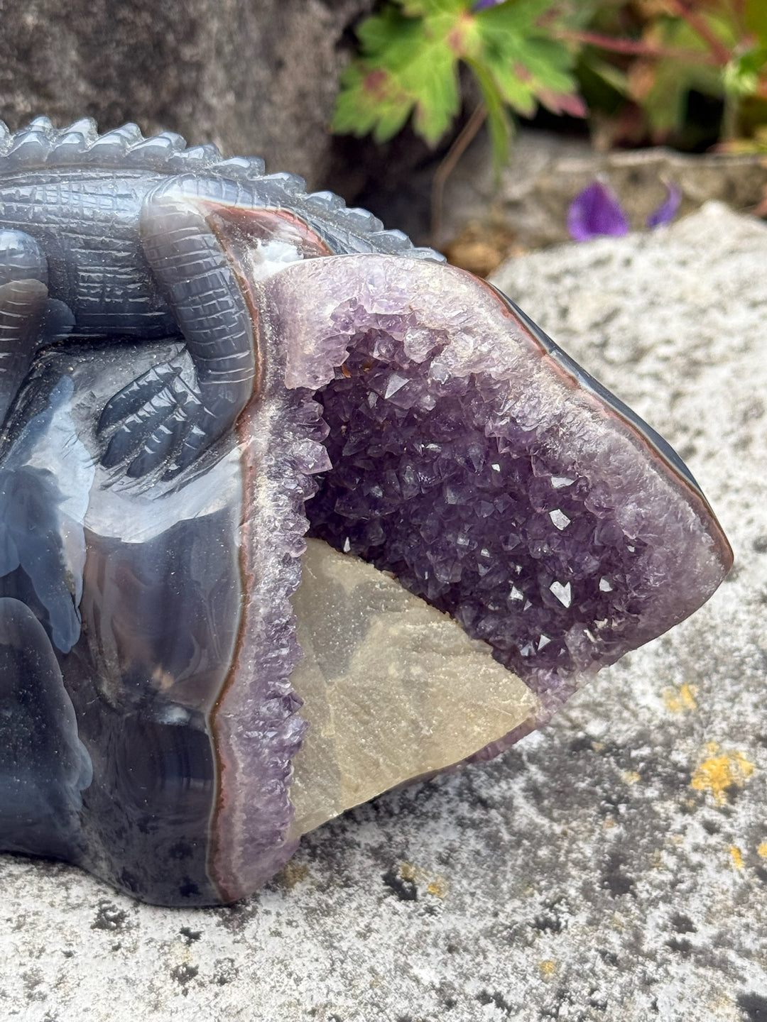 Statement Hand Carved Amethyst and Agate Crocodile