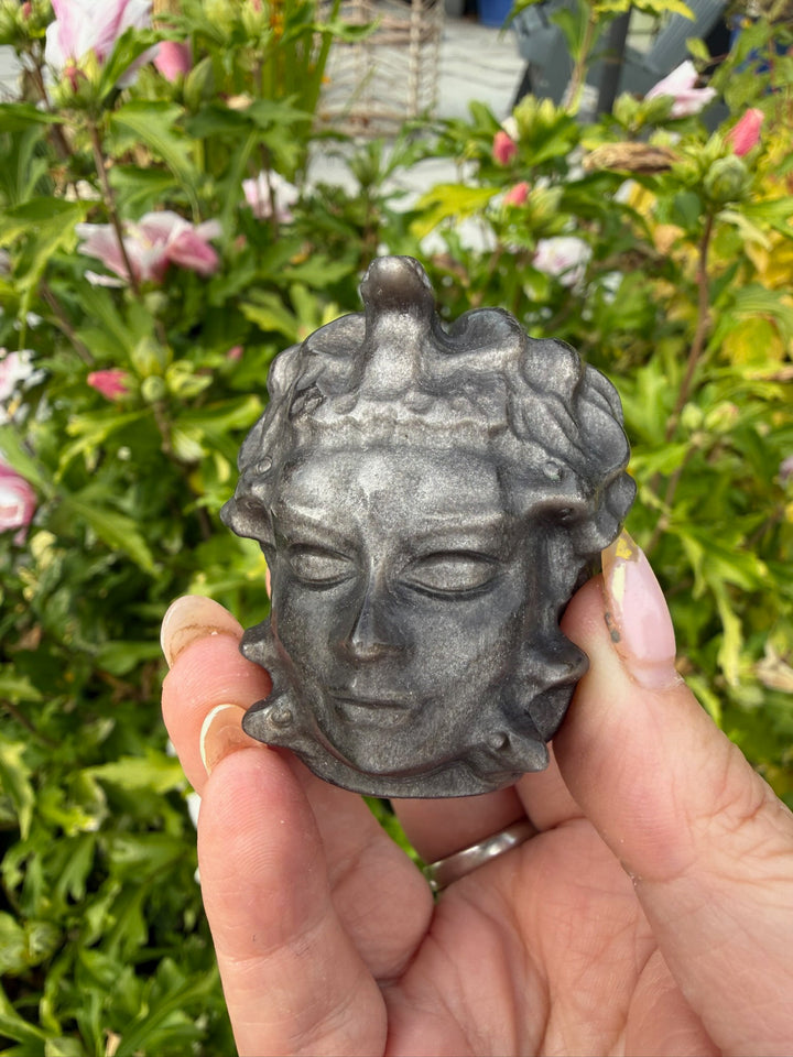 Silver Sheen Obsidian Medusa Head Carving