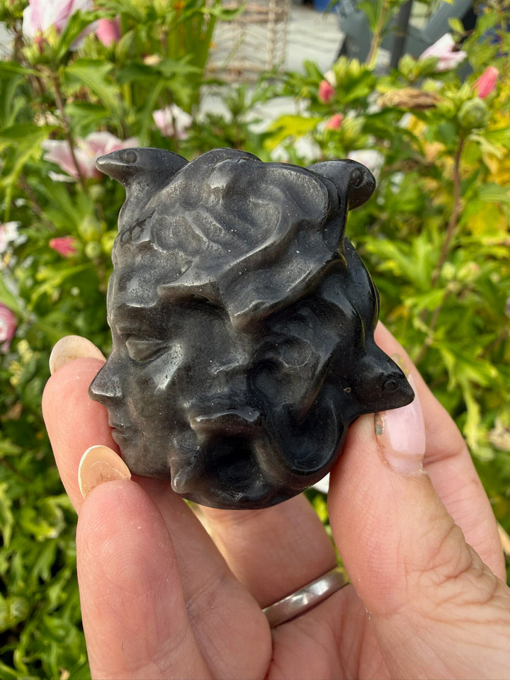 Silver Sheen Obsidian Medusa Head Carving