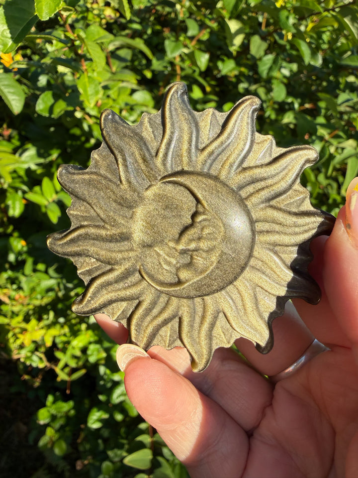 Gold Sheen Obsidian Sun and Moon Carving