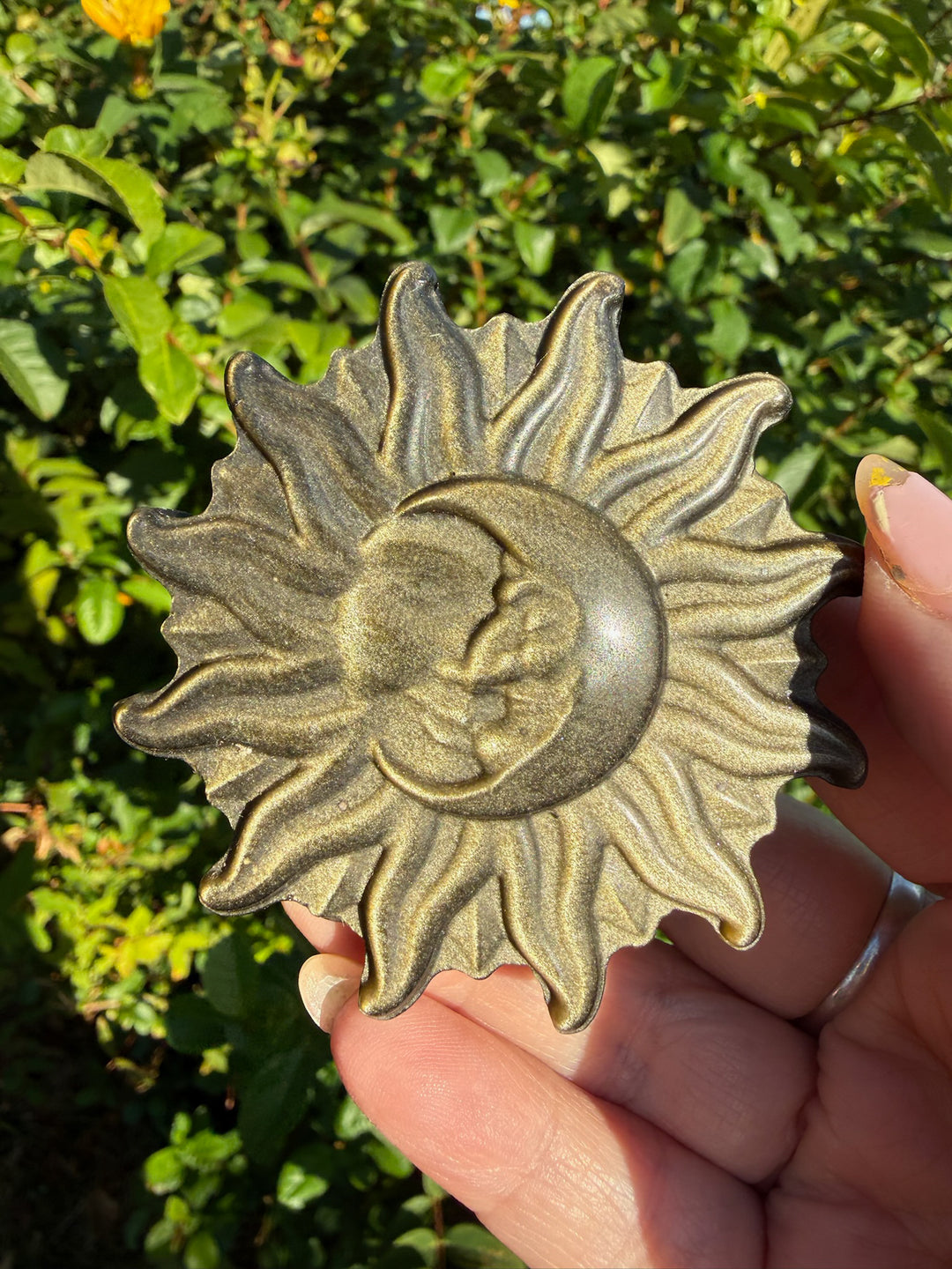 Gold Sheen Obsidian Sun and Moon Carving