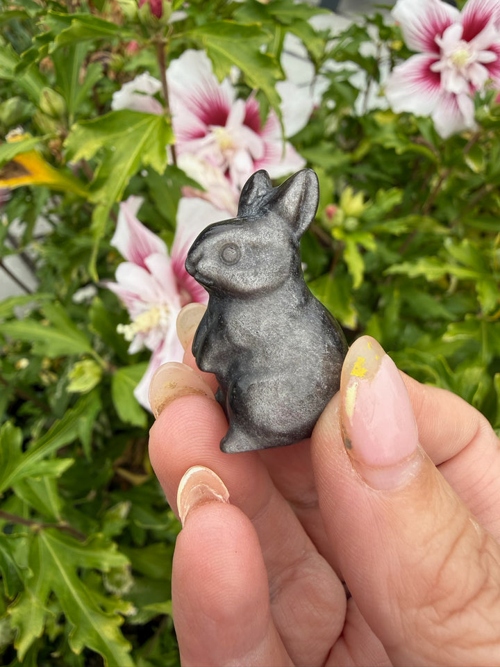 Silver Sheen Obsidian Bunny Rabbit Carving