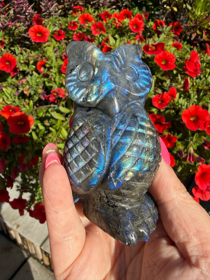 Blue Flash Labradorite Owl Carving from Madagascar